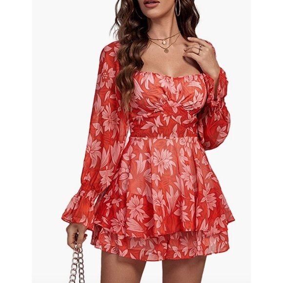 Red Floral Printed Chiffon Ruffle Long Sleeve Romper Short Playsuit Jumpsuit - Picture 1 of 7